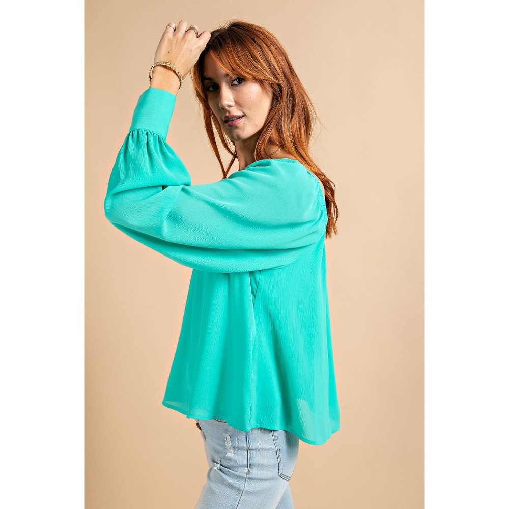 Easel Atlantis Green Buttoned Cuffs Loose Fit Chiffon Lightweight Lined Blouse - Picture 4 of 5